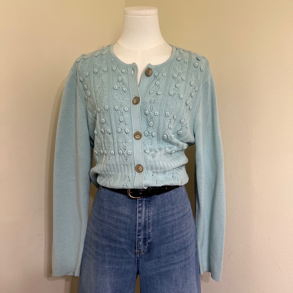 JM Collection Petite Blue 100% Cotton Pointelle Bobble Knit Button Cardigan L